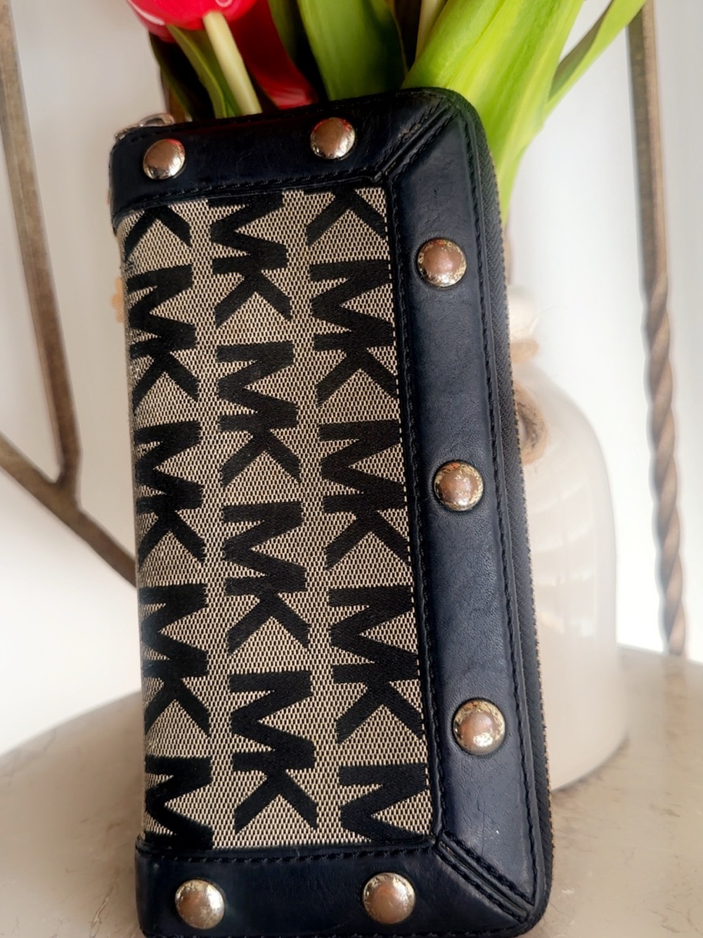 Michael Kors Black and Beige MK Logo Zip Card Holder